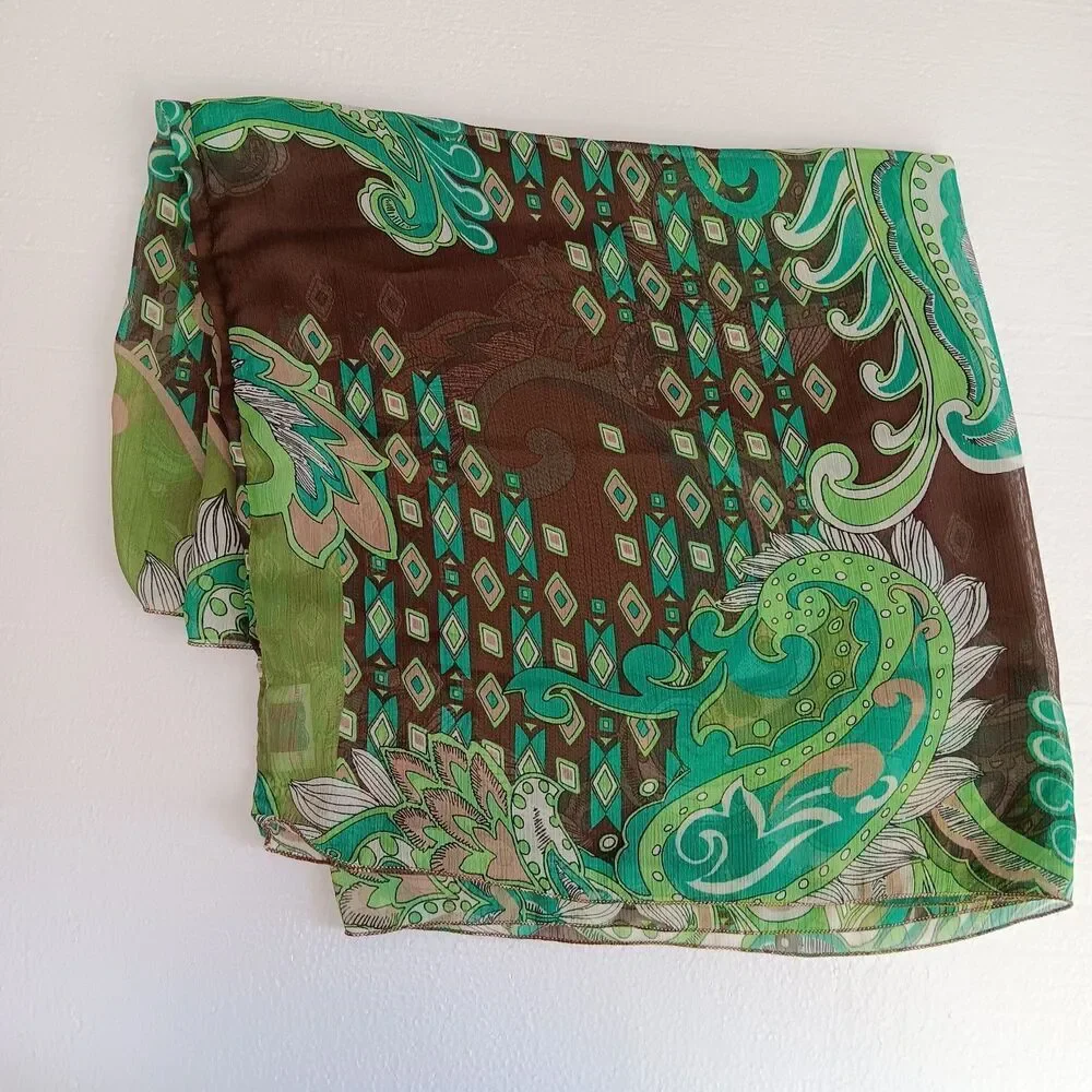 Verene Infinity Scarf Green Paisley on Brown Chiffon Made in The USA